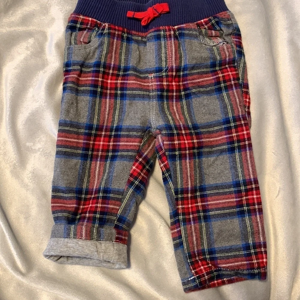 Baby Boden size 12-18 months gray red blue plaid tartan pants lined Christmas